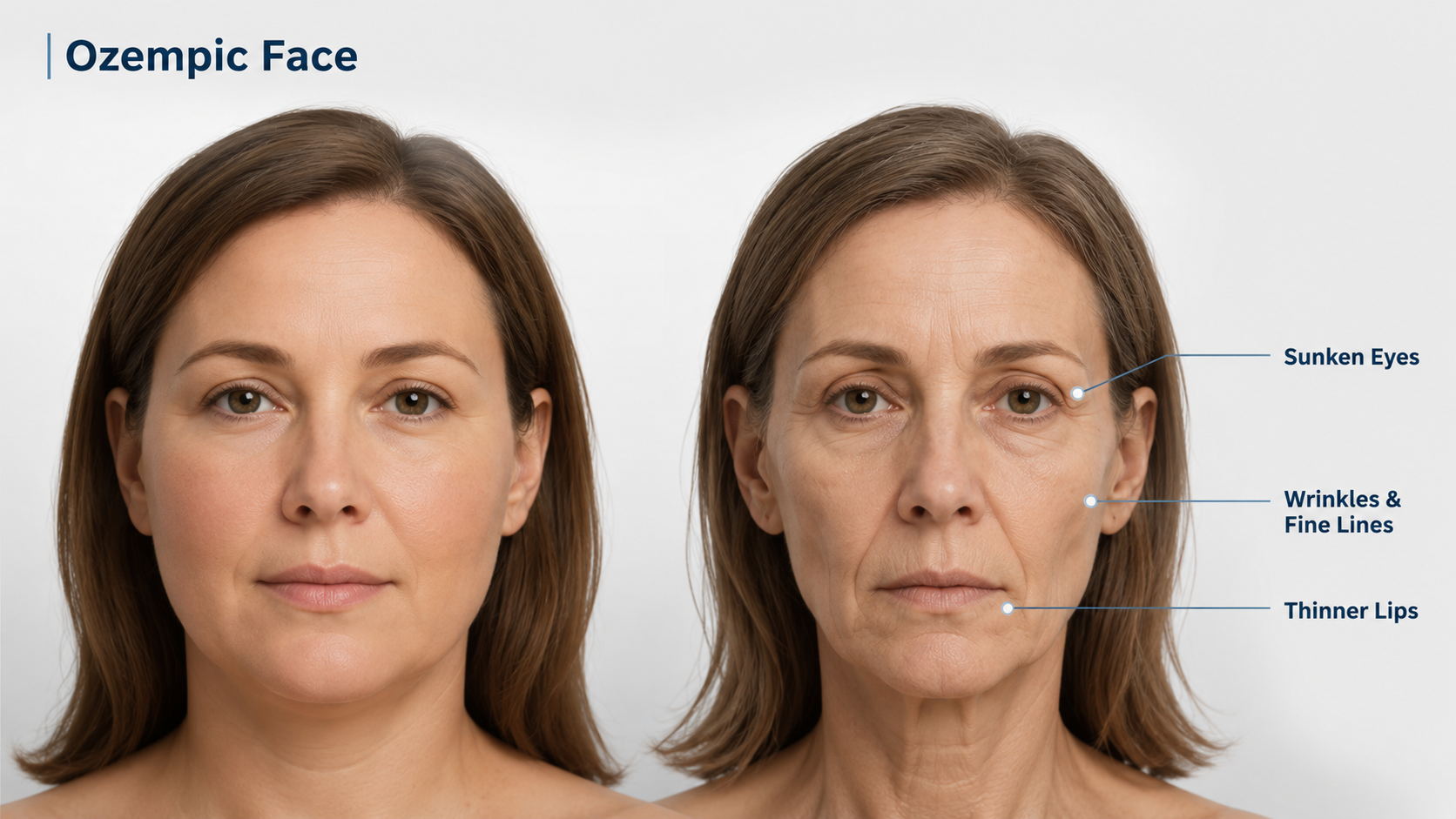 Illustration comparing a face before and after rapid weight loss on a GLP-1, showing volume loss at the temples, under-eyes, cheeks and jawline (Ozempic face).